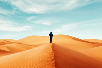 Solitary figure walking through vast desert dunes under a clear blue sky.