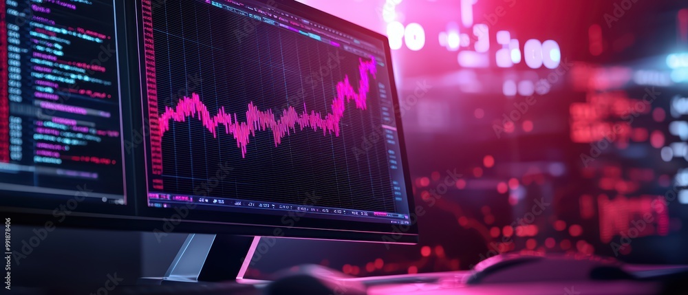 Poster stock market data displayed on a modern computer screen with vibrant colors and digital graphs.