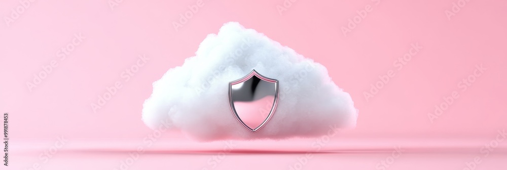 Poster a pink cloud with a silver shield symbolizing secure data protection, cloud computing, internet secu