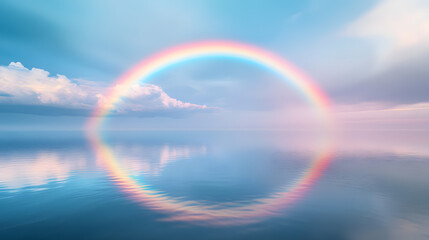 Vivid Rainbow Reflecting Over Calm Lake