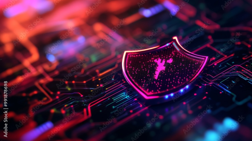 Poster a colorful abstract representation of cloud security, showcasing a glowing shield on a circuit board