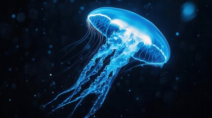 luminescent blue jellyfish floating in dark waters its translucent body and trailing tentacles creating an otherworldly underwater scene