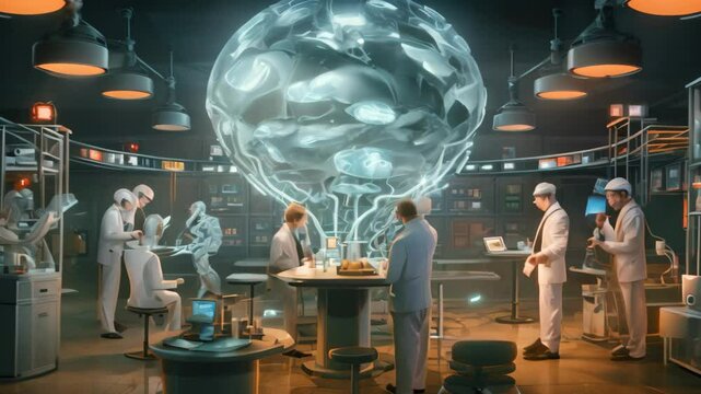 A diverse group of individuals of different ages and backgrounds standing together in a well-lit room, Team of professional scientists working in the brain research laboratory