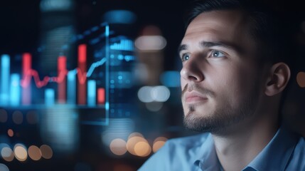 Thoughtful man analyzing data trends in a modern office environment at night.