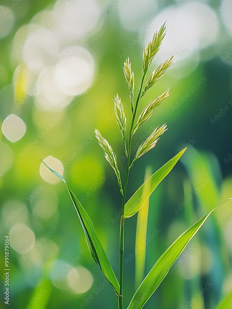 Poster a close-up of a single blade of grass with a cluster of seed heads against a blurred background of g