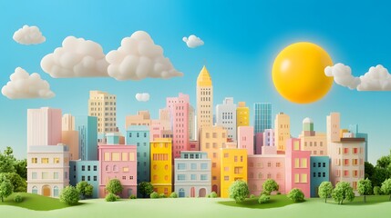 3D illustration of an urban scene, mixing realistic and fantastical elements, bright colors