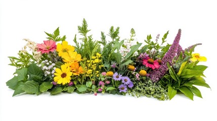 lush arrangement of diverse foliage and vibrant wildflowers intricate details of leaves and petals isolated on white showcasing the beauty and variety of natural flora