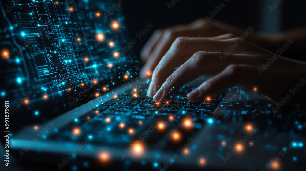 Aufkleber person working on a laptop displaying futuristic data analysis in a modern urban setting during the 