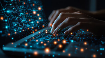 Person working on a laptop displaying futuristic data analysis in a modern urban setting during the evening hours