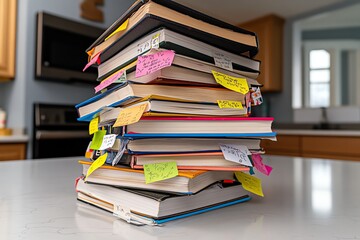 A stack of cookbooks in a kitchen, with sticky notes marking favorite recipes and well-used pages showing wear