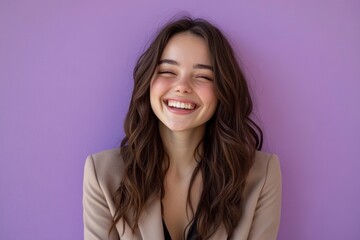 Fototapeta premium Portrait of a happy young businesswoman laughing on a purple background with generative ai