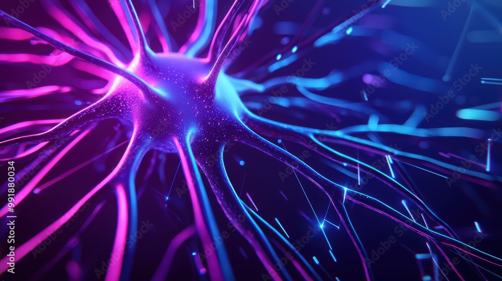 Poster vibrant neuron structure with intertwining fibers set against a dynamic background of purple and blu