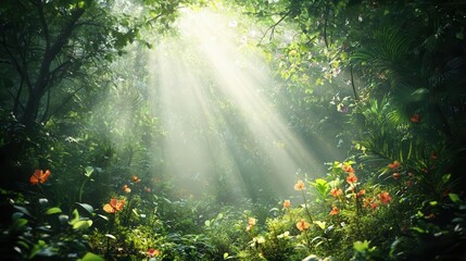 lush emerald canopy in an enchanted rainforest sunbeams piercing through misty air exotic flowers and vibrant mushrooms dotting the forest floor