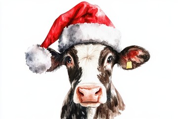 A charming watercolor illustration of a cow wearing a Santa hat, perfect for Christmas cards, decorations, and festive designs. The cow's playful expression evokes joy and warmth, symbolizing Christma