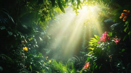 lush emerald rainforest canopy dappled sunlight filtering through misty air exotic flowers and vibrant tropical birds creating a magical ambiance
