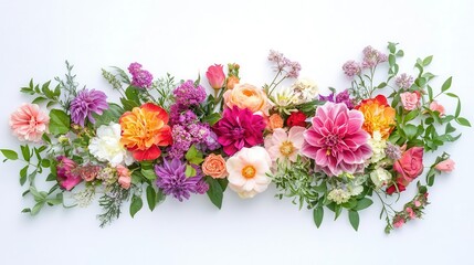 lush floral arrangement bursting with vibrant spring blooms a harmonious mix of colors and textures from delicate petals to lush greenery isolated on pure white