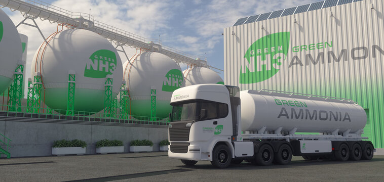 Green ammonia generating plant. Tanks and truck. Realistic 3D render.