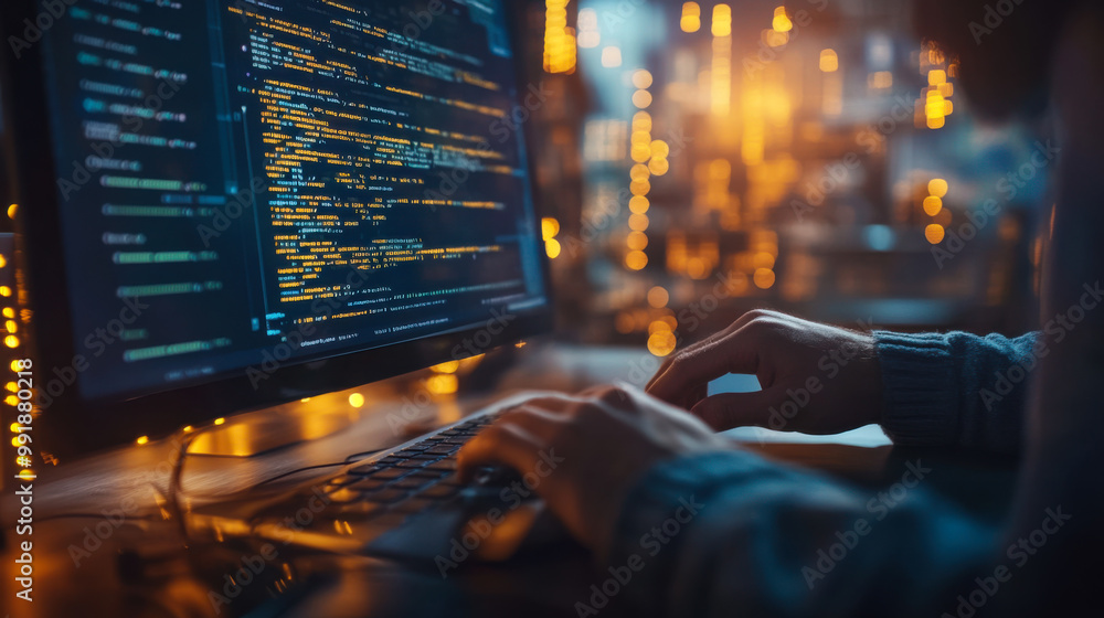 Poster a focused individual coding on a laptop, surrounded by glowing screens in a modern workspace during 