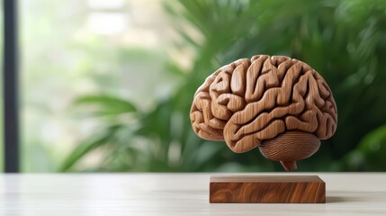Wooden brain sculpture on a table with greenery in the background, symbolizing intelligence and creativity.