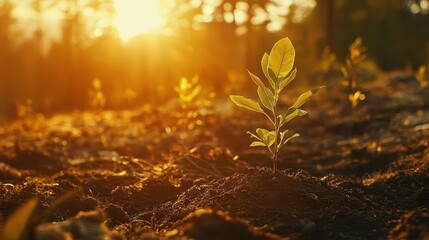 lush forest rebirth saplings emerging from scorched earth volunteers planting in golden light hope and renewal theme
