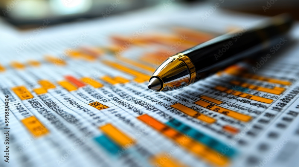 Poster a close-up view of a pen resting on colorful business graphs and charts during a financial analysis 