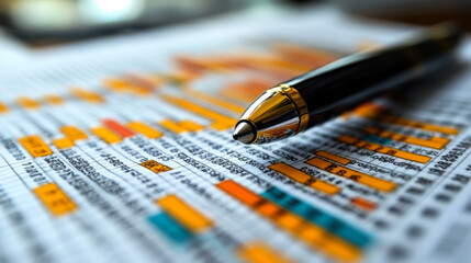 Fototapeta premium A close-up view of a pen resting on colorful business graphs and charts during a financial analysis session at a desk