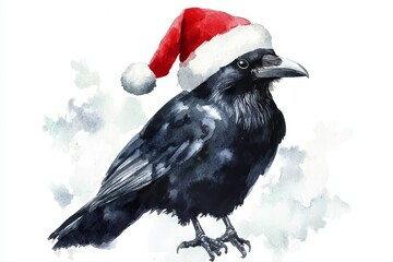 Fototapeta premium A charming watercolor illustration of a crow wearing a Santa hat, symbolizing Christmas, winter, holiday cheer, wildlife, and nature.