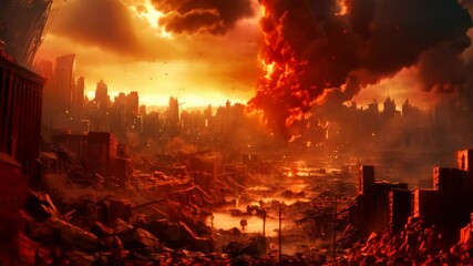 The Video captures a city in the midst of a raging fire, requiring immediate intervention to contain the inferno, World collapse, doomsday scene depicted in a digital painting - Powered by Adobe