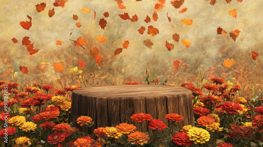 Poster a wooden tree stump sits in a field surrounded by bright orange and yellow flowers. the background s