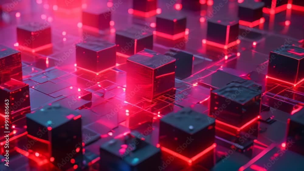 Poster group of cubes with red lights, a 3d model of various interconnected blocks, symbolizing a blockchai