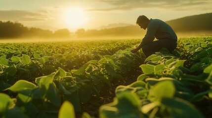 Fototapeta premium lush green soybean field at dawn with a farmer kneeling to examine young plants golden sunlight filters through misty air creating a serene agricultural scene