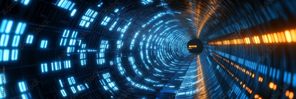 Poster futuristic digital data tunnel with glowing blue and orange lights. the tunnel represents the flow o