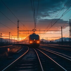 Efficient electric train traversing through lush green fields image