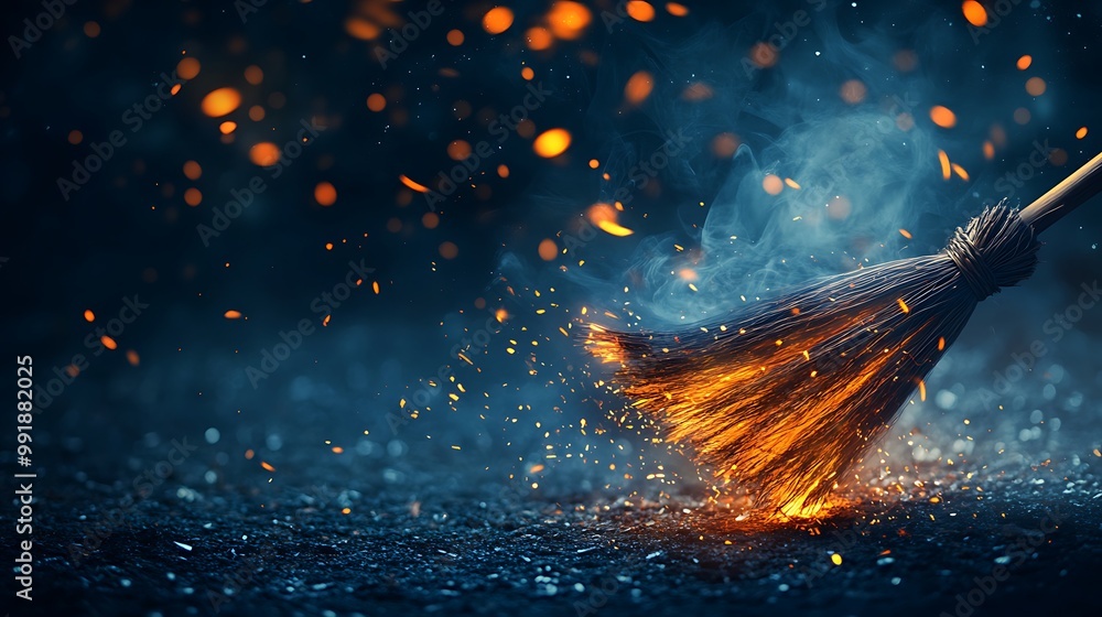 Wall mural A broom on fire with sparks and smoke against a dark background.