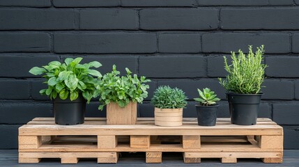 Obraz premium Fresh Green Plants on Wooden Pallet Against Dark Wall