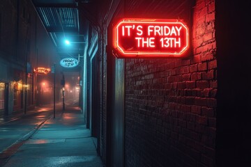 Mysterious Friday the 13th Neon Sign Illuminating a Dark Brick Alleyway