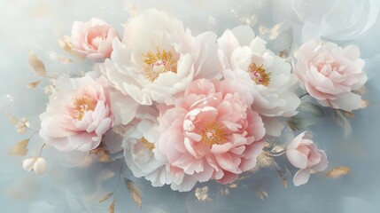 lush peony bouquet bursting with soft pink and white blooms delicate petals unfurling against a misty background intricate vector illustration with golden calligraphy accents