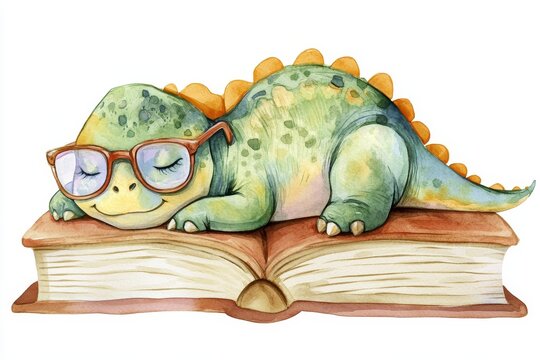 Adorable watercolor illustration of a dinosaur wearing glasses, peacefully sleeping on top of a closed book, symbolizing knowledge, imagination, learning, dreams, and childhood innocence.