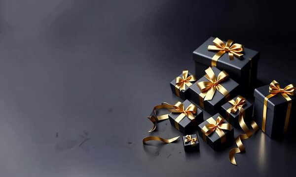 Paquets cadeaux noirs de diff&eacute;rentes tailles avec des n&oelig;uds en bolduc dor&eacute;s, pos&eacute;s sur un fond noir en ardoise, &eacute;l&eacute;gance et luxe pour  anniversaire, No&euml;l, Saint Valentin, cadeaux pour homme