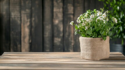 Fresh Potted Flowers in Rustic Planter on Wooden Surface