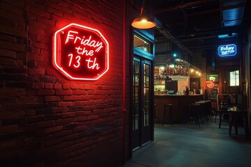 Mysterious Friday the 13th Neon Sign Illuminating a Dark Brick Alleyway