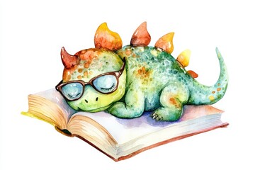 Fototapeta premium A cute watercolor illustration of a dinosaur wearing glasses sleeping on a book, symbolizing education, knowledge, imagination, childhood, and dreams.