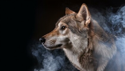 Fototapeta premium A wolf runs through the mist fog smoke