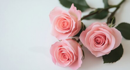 Obraz premium Three pink roses arranged elegantly on a light background celebrating beauty and nature's artistry
