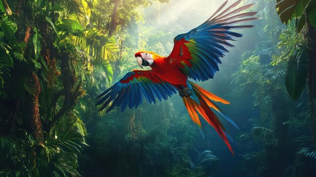 lush tropical rainforest teeming with vibrant flora and fauna iridescent macaws soar between towering trees draped in verdant vines and exotic orchids