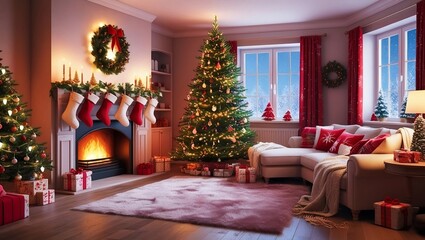 Warm and Inviting Holiday Space A Festively Adorned Tree with Colorful Ornaments and Twinkling Lights.