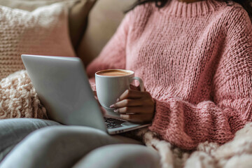 Cozy afternoon with a warm drink, working on a laptop in a soft pink sweater, embracing comfort and relaxation