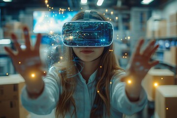 School student with VR headset using AI artificial intelligence technology & machine learning.Interactive technology in classroom. Innovation & smart tech. AI blue hologram in education