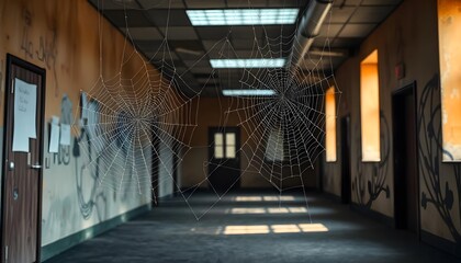 Vacant office with Spider webs, Symbolism concept halloween, Spider web on Halloween, Halloween festive decoration concept. Preparation for celebrating spooky party created with generative ai