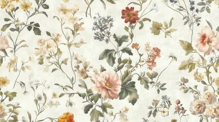 lush vintageinspired floral wallpaper design featuring intricate botanical illustrations soft muted color palette with delicate details and a romantic nostalgic atmosphere